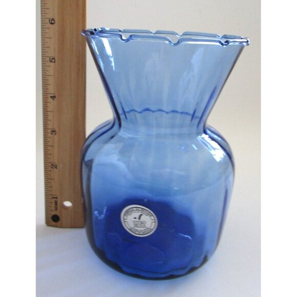 Vitro Mosa Mexican Hand Blown Navy Blue Art Glass Vase - Etched Rim - Vintage - Picture 10 of 11